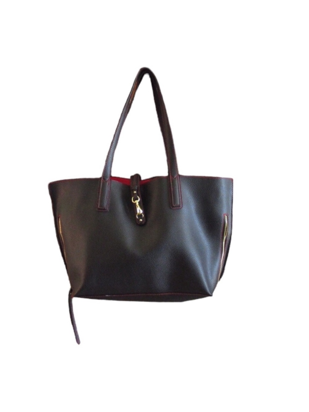 Structured Black Leather Tote with Red Trim